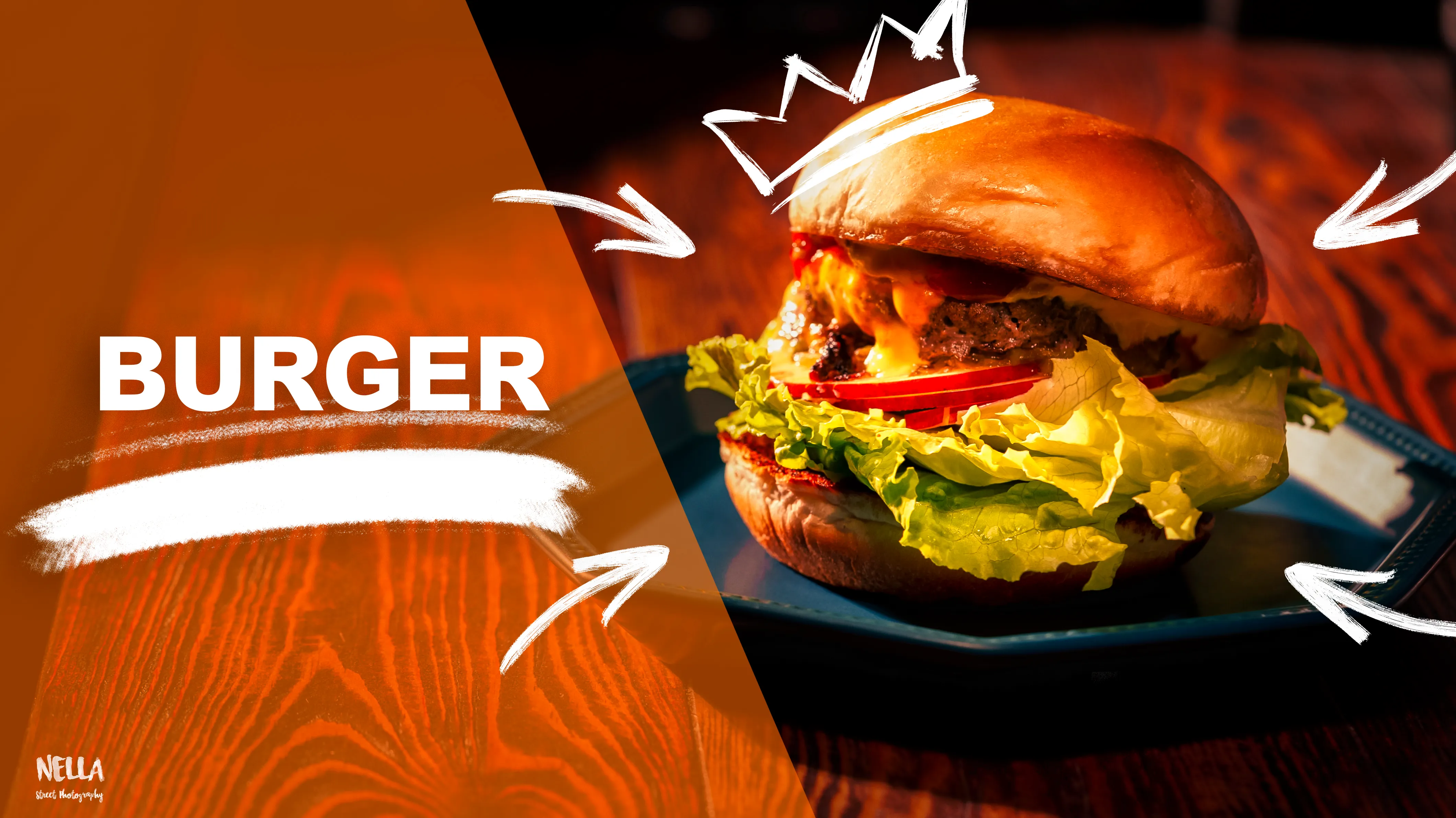 橘黑拼接背景中的漢堡特寫,白色箭頭與 BURGER 字樣指向麵包、生菜和肉餡