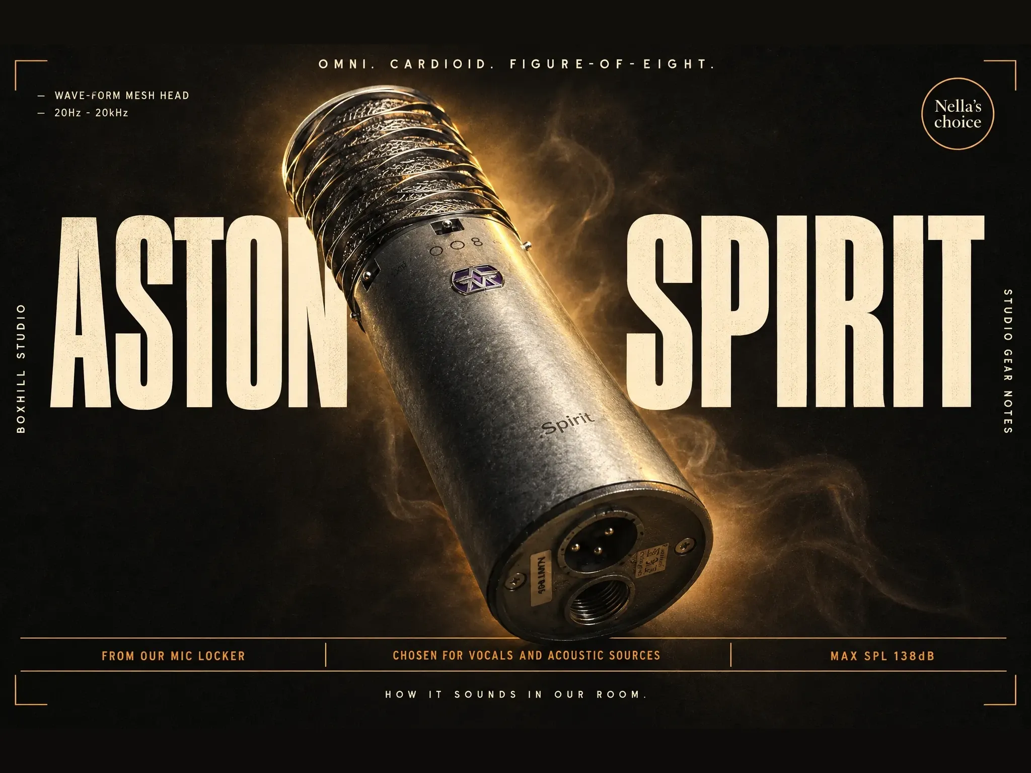 黑底金色煙霧海報，中央是斜放的銀色 Aston Spirit 麥克風，可見波浪形網罩與底部 XLR 接頭，兩側大字 ASTON 與 SPIRIT