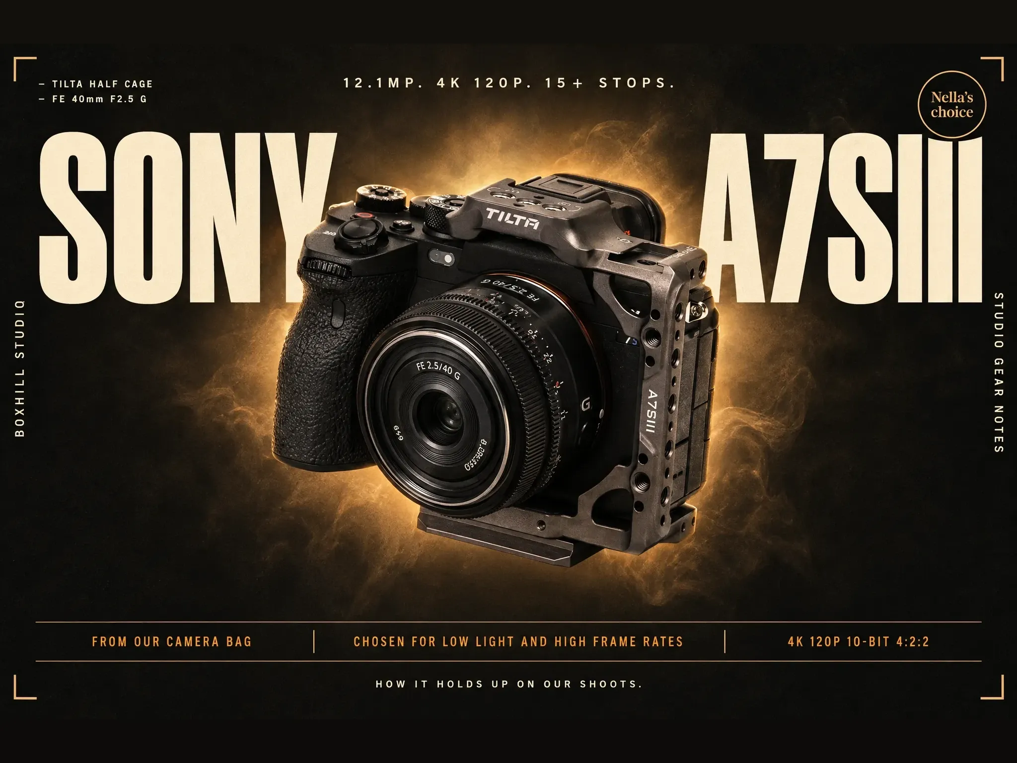 黑底金色光暈海報，中央是裝上 Tilta 半籠與 FE 40mm F2.5 G 鏡頭的 Sony A7S III，兩側大字 SONY 與 A7SIII